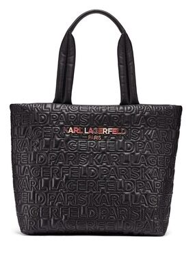 Karl Lagerfeld Black Quilted Logo Tote with Metallic Accent